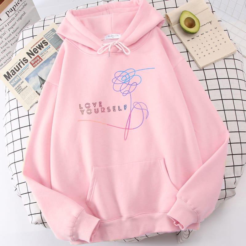 LOVE YOURSELF Sweater Hoodie Wanita Bahan Fleece-Pink
