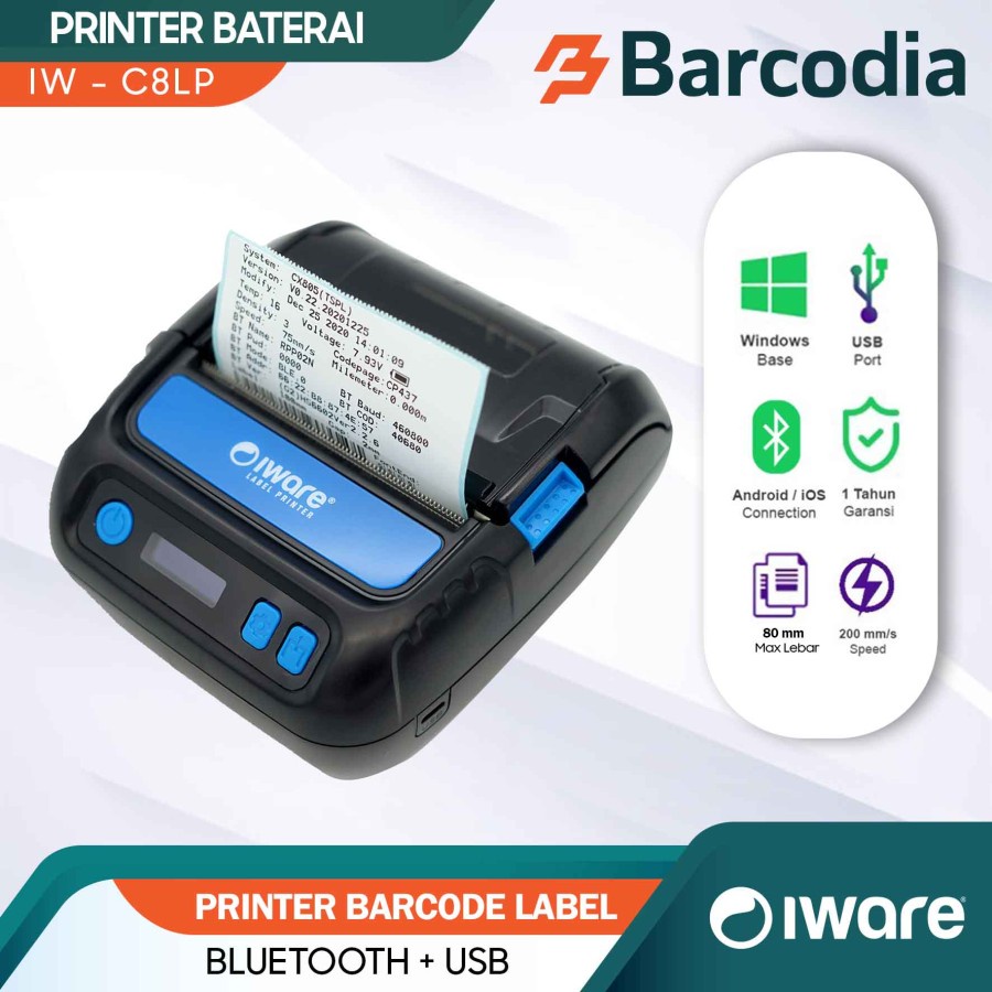 Mobile Printer Bluetooth Thermal Barcode Stiker Label CX805 IWARE IW-C8LP Bluetooth - Portable Printer Label Resi Shopee