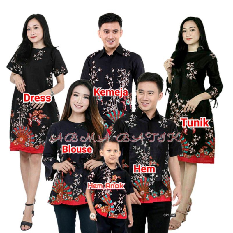 BATIK COUPLE KELUARGA MOTIF KIPAS HEM BLUES DRESS TUNIK KEMEJA