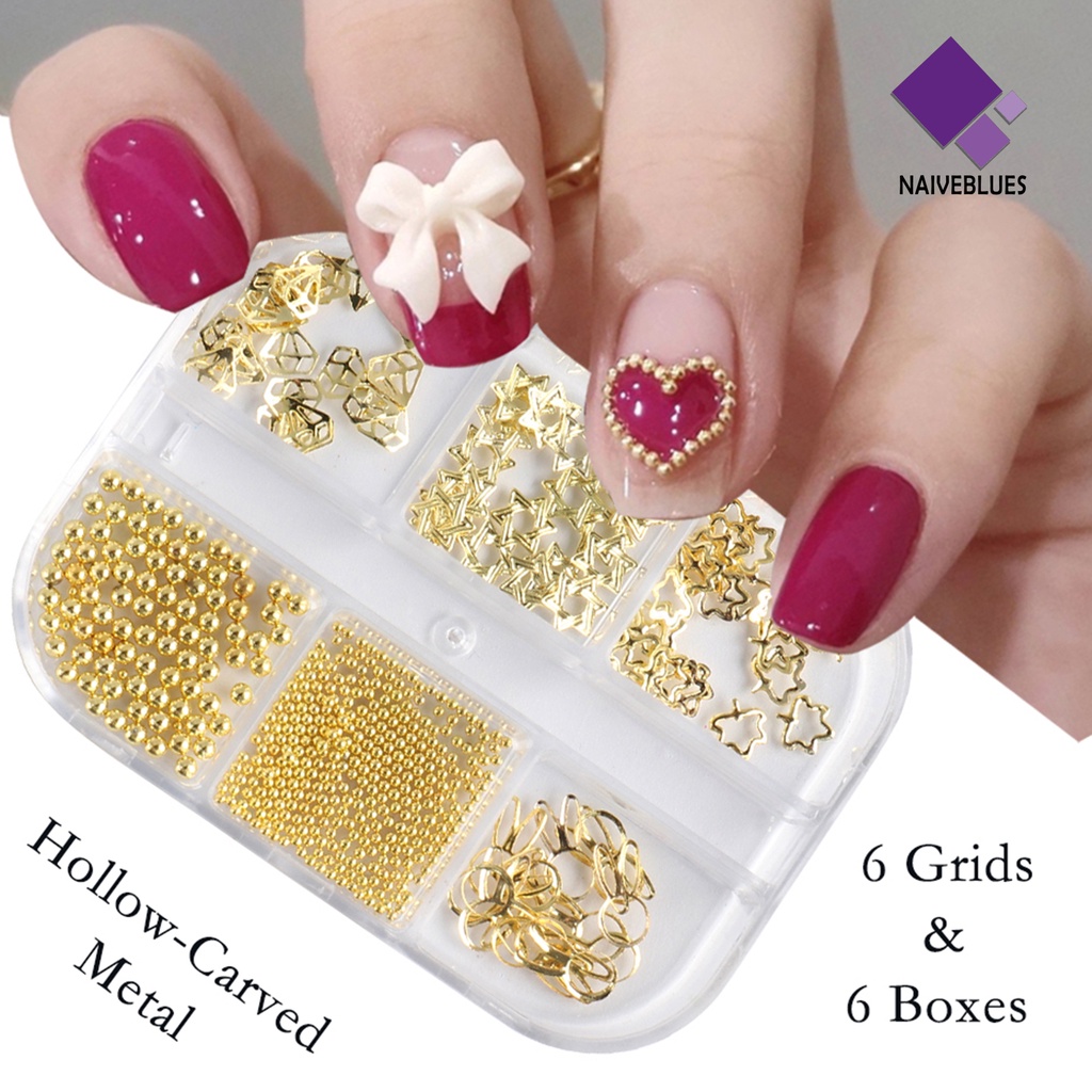 Naiveblue Charms Manik-Manik Baja Bentuk Bintang Hollow 3D Untuk Dekorasi Nail Art DIY