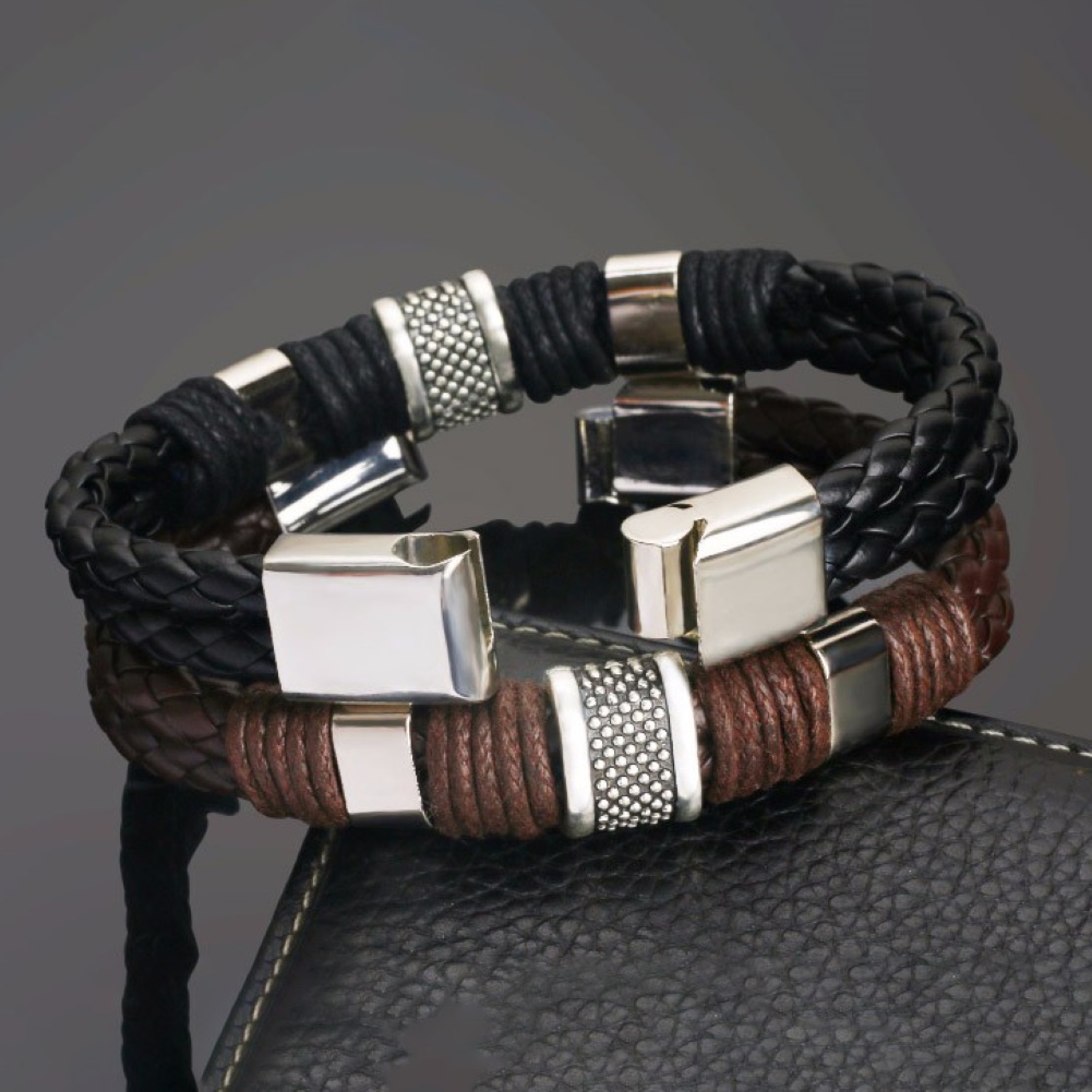 Hu Hu Hu Hu Hu Alat Bantu Pasang Kacamata♡ Gelang Tangan Kulit Imitasi Kepang Dua Lapis Dengan Gesper Magnet Untuk Pria