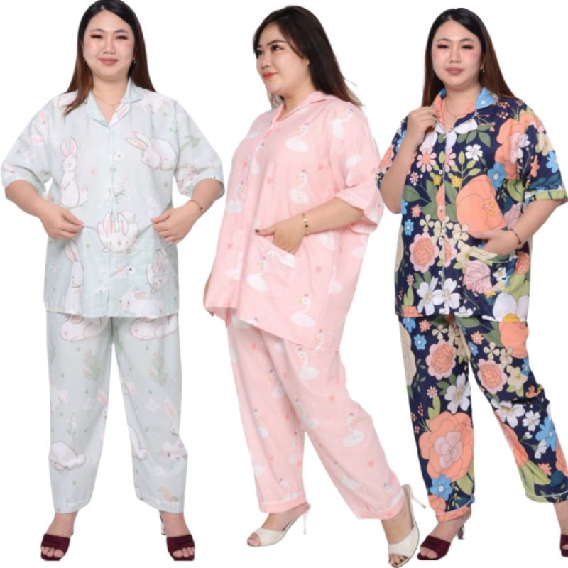 Piyama katun jumbo baju lengan pendek celana panjang  cpj ld 150 big size