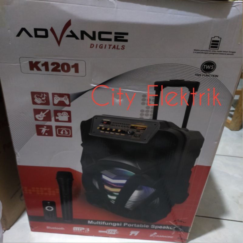 Speaker Portable Advan 12 inch K1201 Karaoke/Bluetooth/USB/Radia FM/ Free Mic Wirelles / Meeting