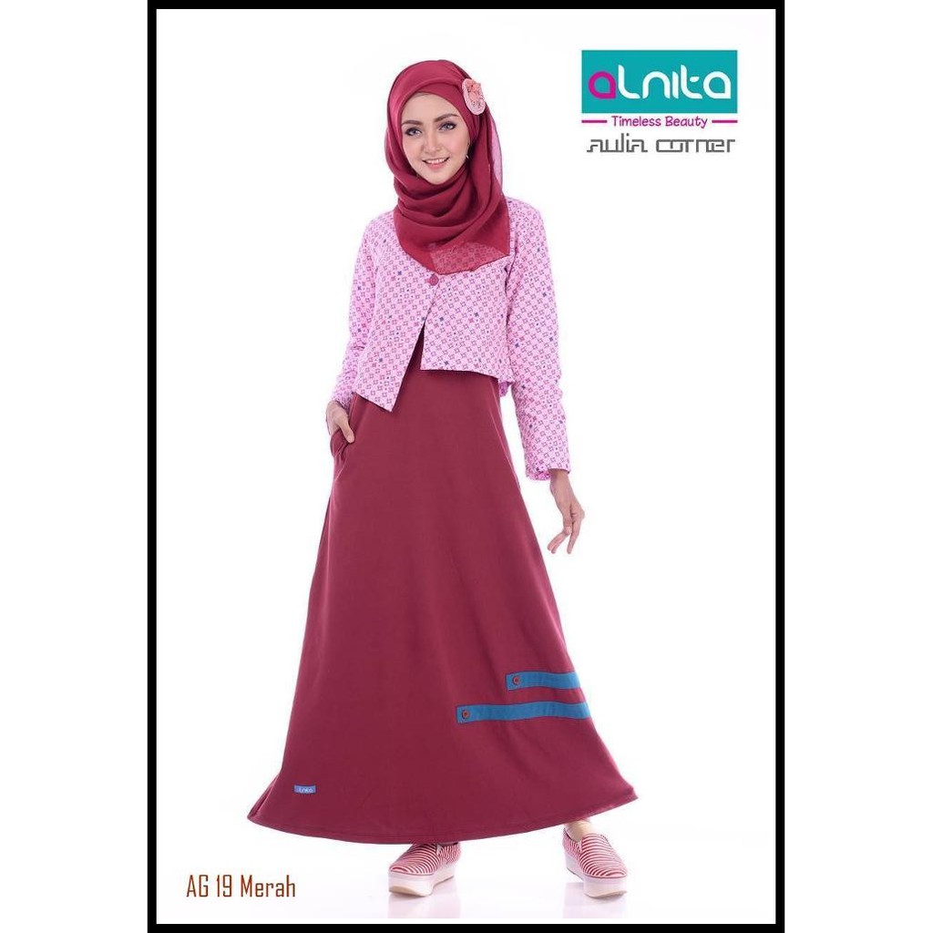Gaun Muslim Alnita AG 19 Merah Baju Wanita Terbaru Gamis Syari Murah