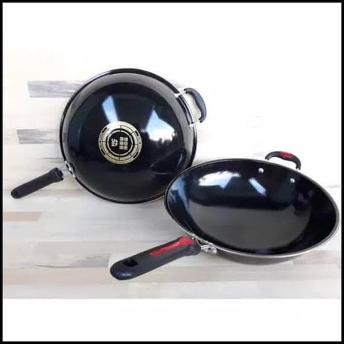 Enamel Gagang 34 Cm Wajan Penggorengan Anti Gores Wok Pan Anti Lengket