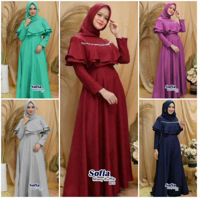 Gamis party cape mutiara long dress kondangan sofia