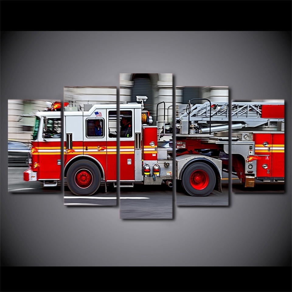 5 Pieces No Frame Wall Art Fire Engine Painting Firefighter Canvas Painting Picture Shopee Indonesia