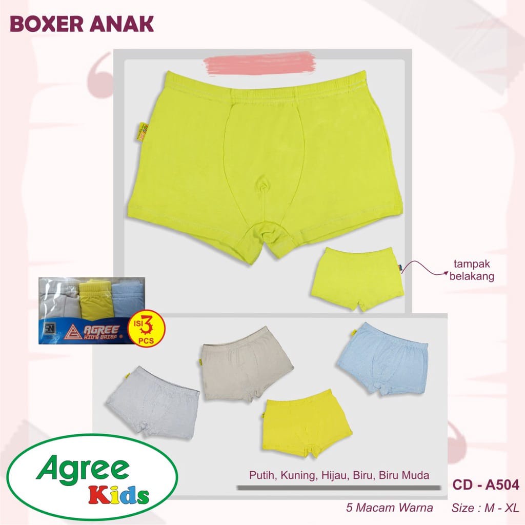 3pcs Boxer Agree 504 Anak Laki Laki | Celana Dalam Agree | CD Anak | Celana Boxer | Open Sorx Grosir 3pcs