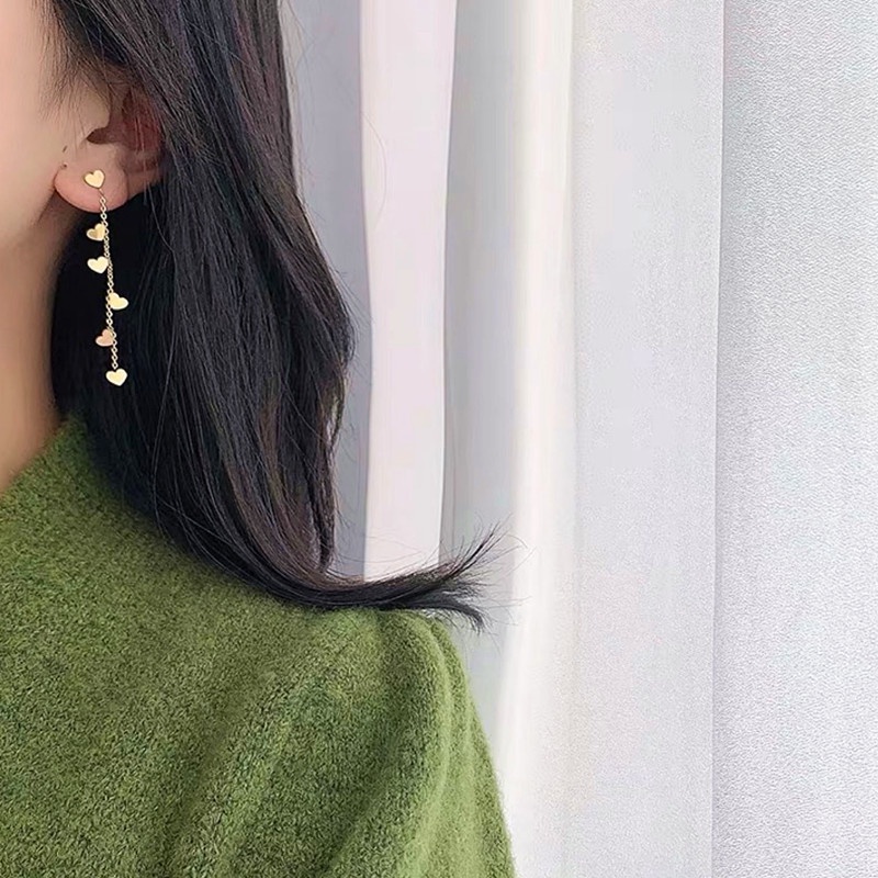 Anting Titanium Asli Hati Rumbai Panjang Lapis Emas 18K Anti Karat Perhiasan Fashion Korea