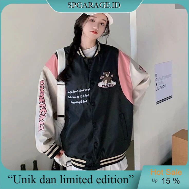 Takkep Bear Jaket Basebal Jacket Wanita Kekinian Korea Jeket Versity Baseball Jumbo Import Outer Kor