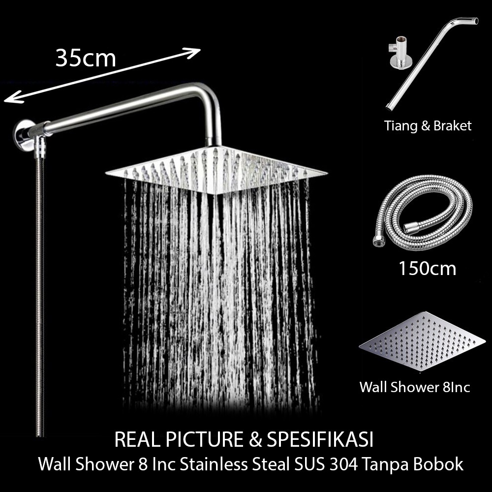 Shower Tanpa Bobok Tembok 8 inc Stainless Stell / Wall Shower Mudah Dipasang Shower Pancuran Hujan / Shower Rainfall