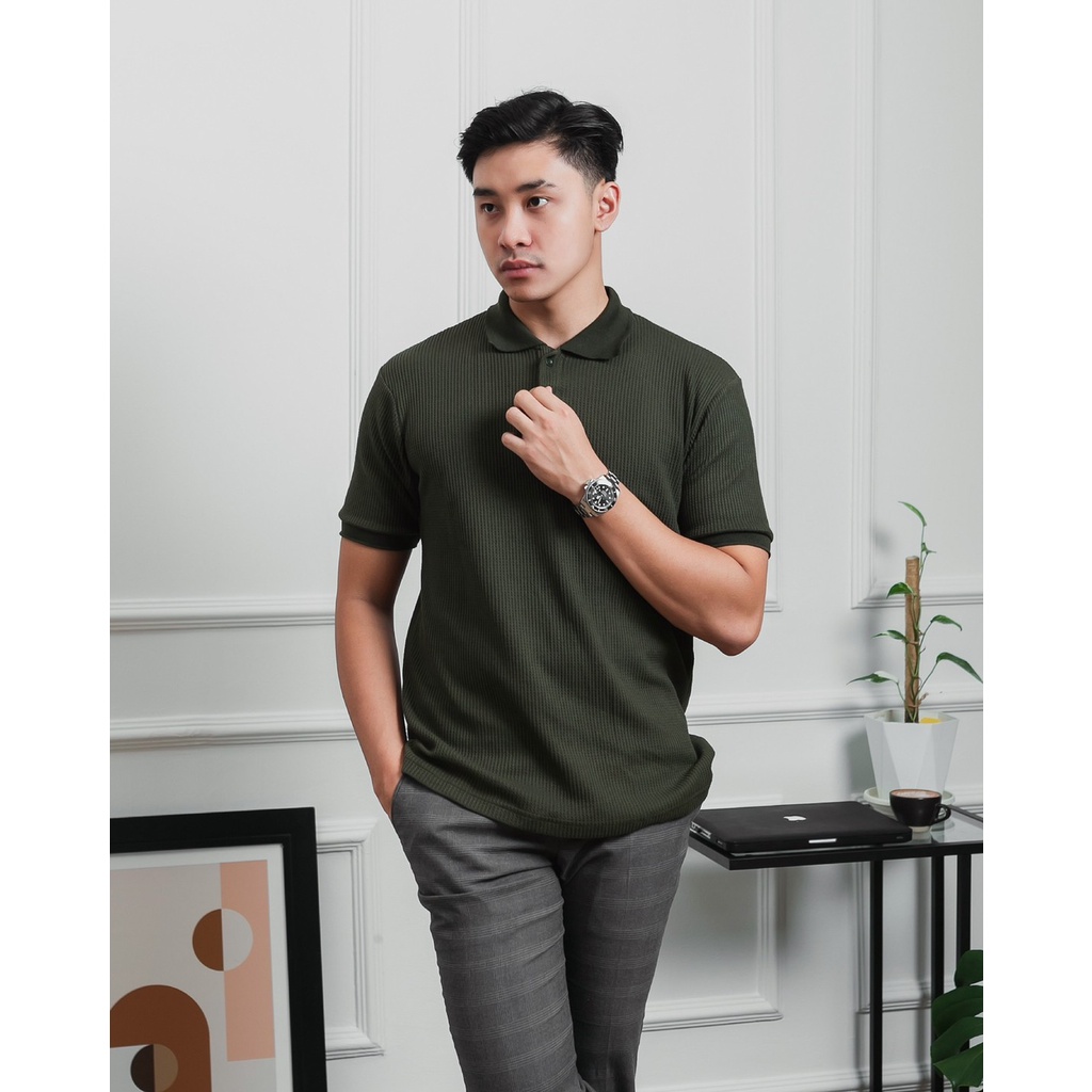 SHIBUYA POLO WAFFLE - Kaos Polo Waffle in Dark Green