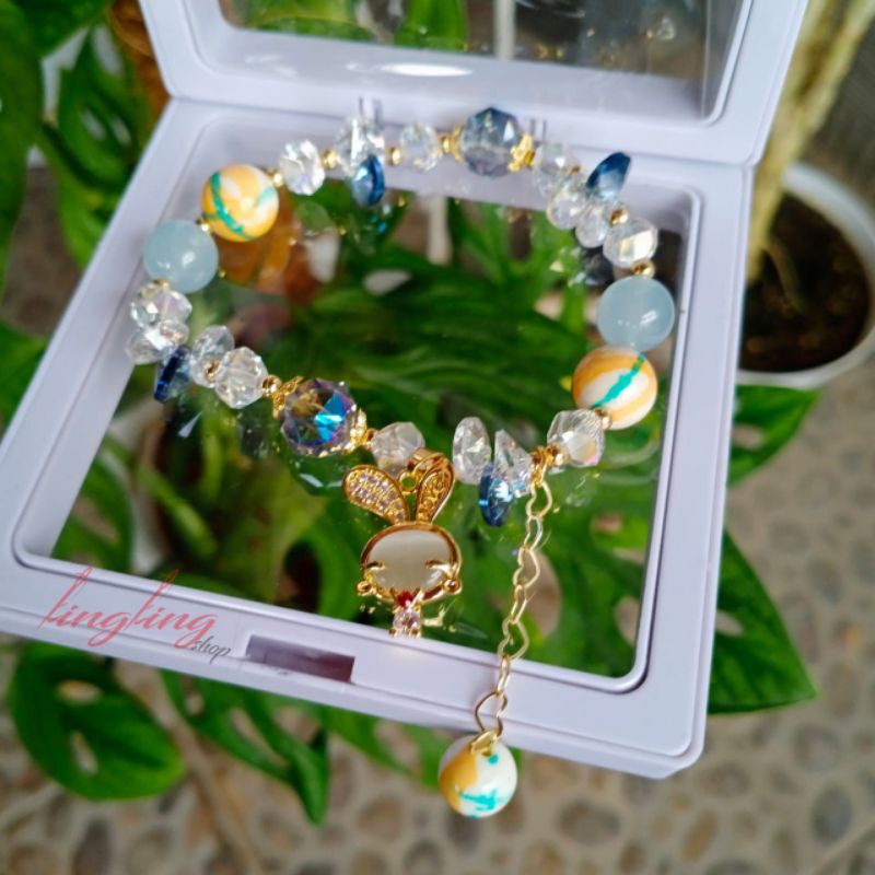Gelang batu kristal, gelang batu kristal korea mix titanium, gelang kristal rabbit free BOX