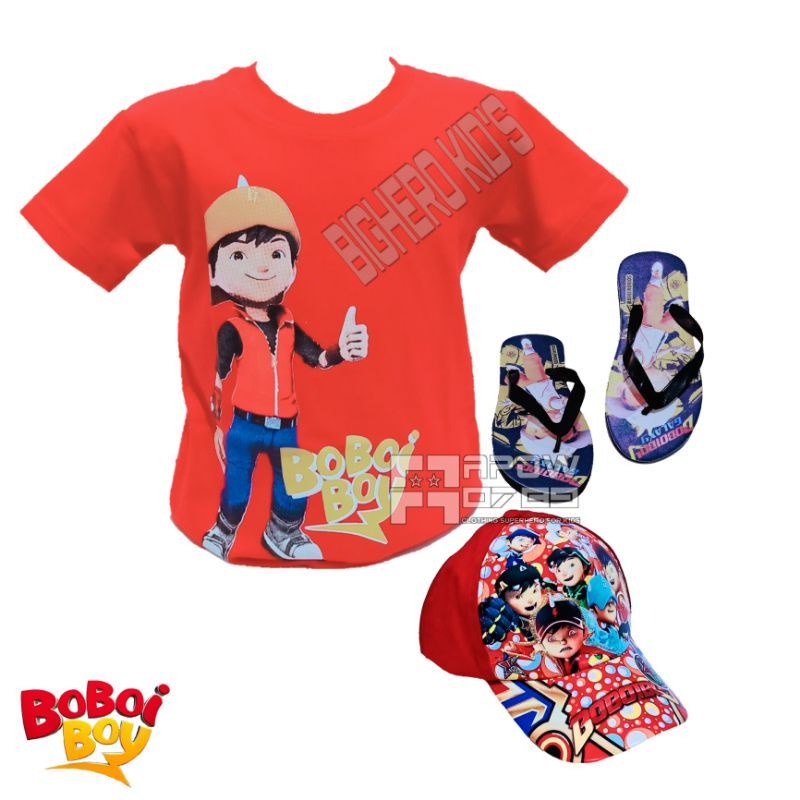 Paket 3in1 Kaos Hoodie anak Boboiboy | free topi Boboiboy dan sandal spon anak