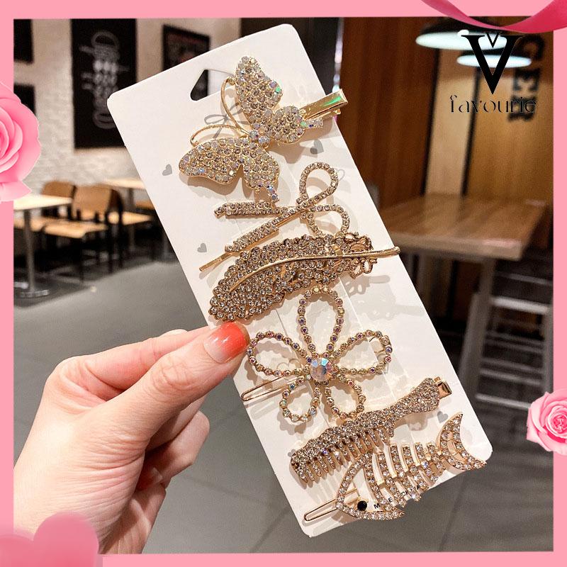 [COD]Fishbone Hairpin 6-Piece Set Aksesoris Rambut Vintage Set Dengan Diamond Pearl Edge Clip Bebek Paruh Clip-FA