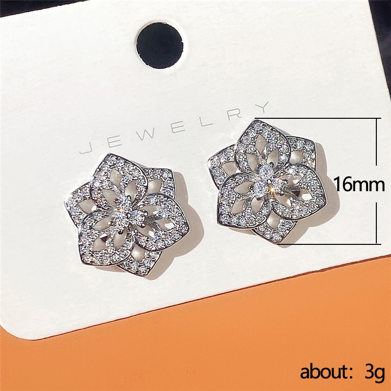 Anting Stud 925 Sterling Silver Desain Bunga Lab Aksen Berlian Untuk Wanita