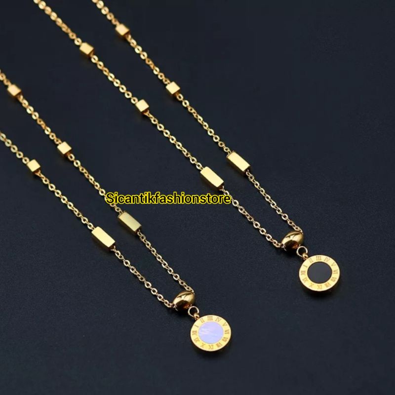 Kalung Titanium Gold Liontin Bulgari Angka Romawi Terlaris Anti Karat Selamanya Kalung Wanita Korea Liontin Angka Romawi Terbaru Warna Gold Fashion Wanita Kalung Rantai Gold