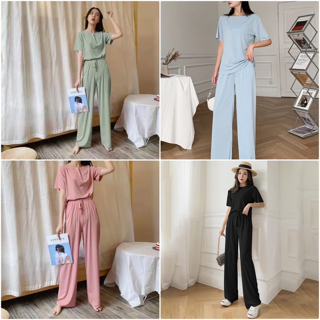 Piyama Baju Tidur Import Sleepwear Lengan Pendek Celana Panjang Polos Stelan Rumah Oversize Ice Silk-1