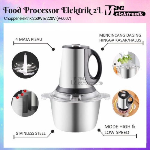 Alat penggiling bumbu 2L food chopper V-6007 Food Processor Stainless Steel Penggiling Daging Mixer Makanan Elektrik Kitchen Experts