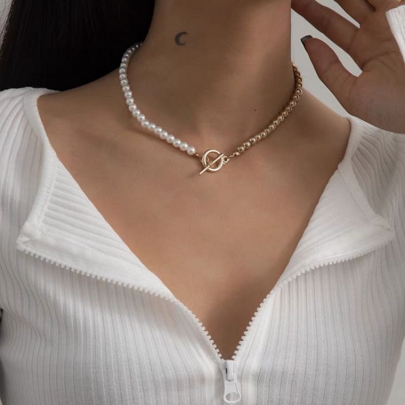 Devina Asymetric Pearl Metalic Necklace Kalung Choker Mutiara Asimetri Korea