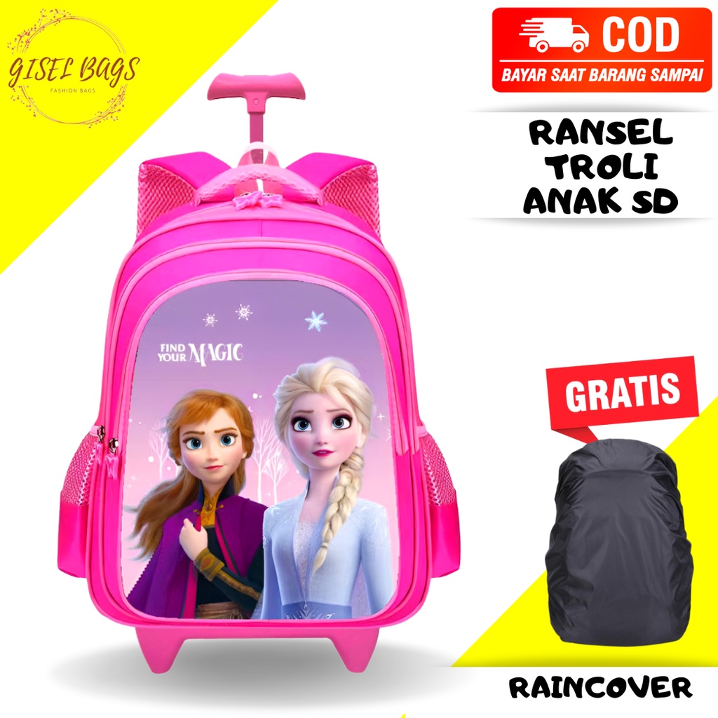 GB Tas ransel troli anak perempuan SD gambar timbul GRATIS raincover tas troli anak import