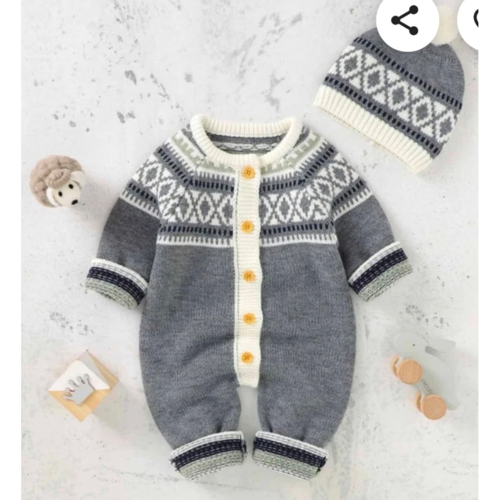 BAJU KOKO BAYI/BAJU UNISEX/JUMPER BAYI KUPLUK/ROMPER KUPLUK/Jumper Rajut Anak Bayi Lucu 0-12 bln UNISEX/Baju kodok/Jumper bayi perempuan/Jumper bayi laki-laki-ABU ROMPER