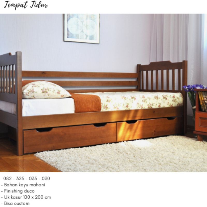 Ranjang Tingkat Kayu Jati 2 Susun Murah, Rangka Tempat Tidur Sorong Anak Perempuan Minimalis 2 In 1 