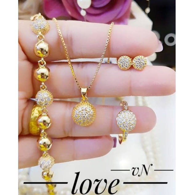 (JAN) PROMO Set Perhiasan Xuping Asli Lapis Emas Gelang Kalung Cincin Anting Permata Bulat Titanium