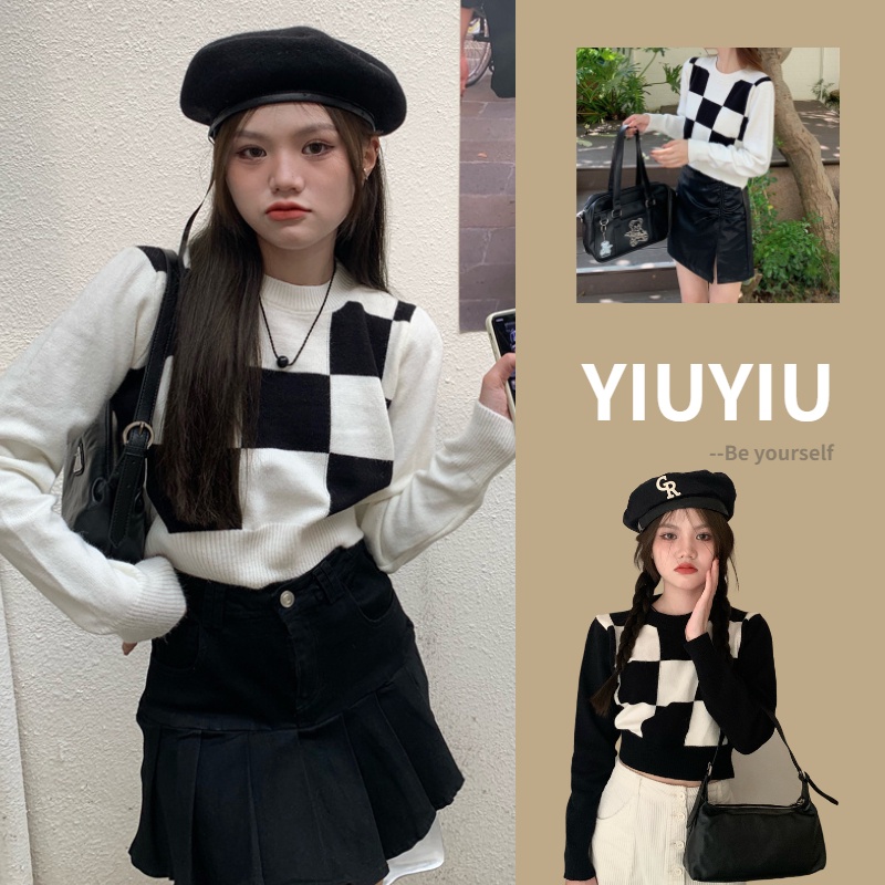 YIU YIU Rajut - Tartan Rajut Premium Crop Top Lengan Panjang Wanita Korean