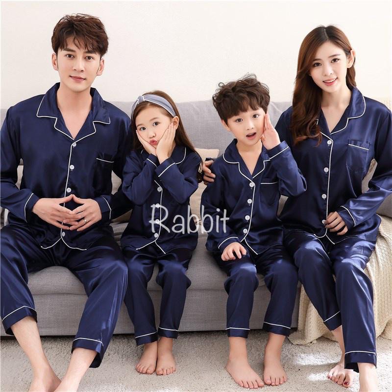 SATIN NAVY PP bisa couple set family bajutidur piyama satin polos exclusive lengan panjang celana panjang