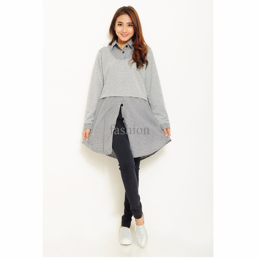 Tunik Bahan Kotak Kombinasi Polos - Liora