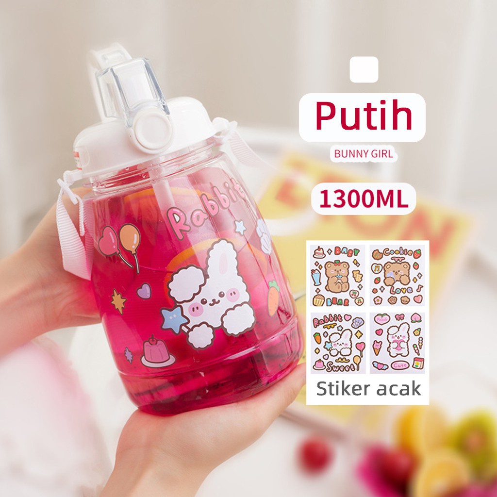 Botol Minum Anak Desain Unik Variasi Motif Karakter terdapat Sedotan BPA FREE bottol minum sedotan cangkir jerami cangkir plastik lucu cangkir kartun portabel 480ML 1000ML-Putih 1300 ml