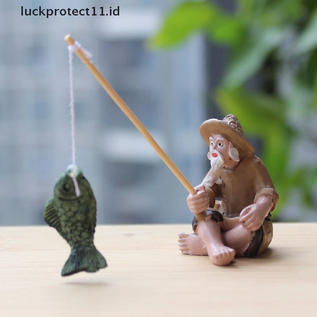 //HG&amp;ID// Fishing Old Man Resin Figure Statue Garden Ornament Micro-Landscape Garden Craft .