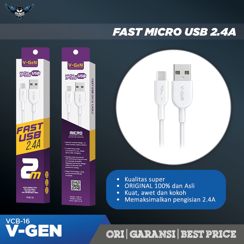 V-GEN VCB-16 FAST CHARGING 2.4A KABEL DATA MICRO USB 2M CHARGER VGEN