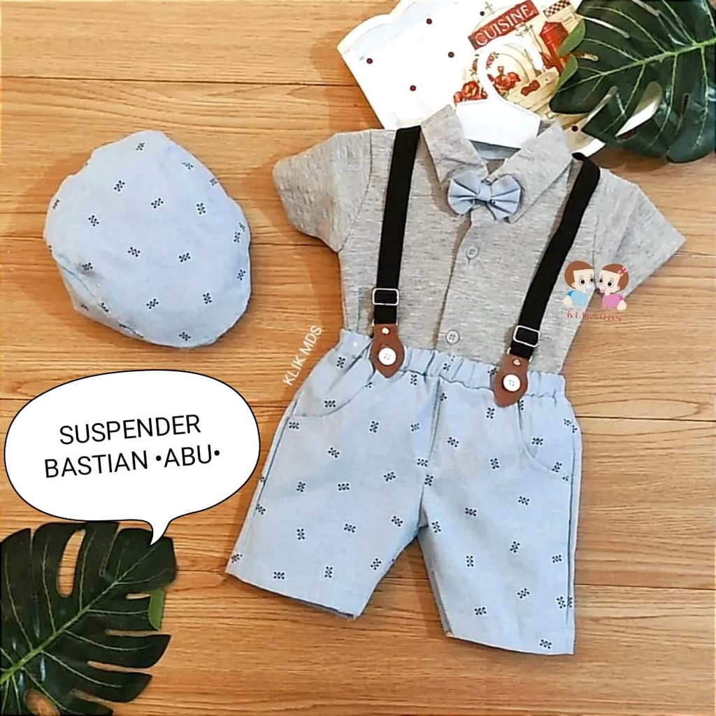 Setelan Jumper Anak Bayi Laki-laki Model Suspender Celana Denim Free Dasi Kupu Dan Topi / Hampers Kado Hadiah Motif Bastian Usia 3-12 Bulan