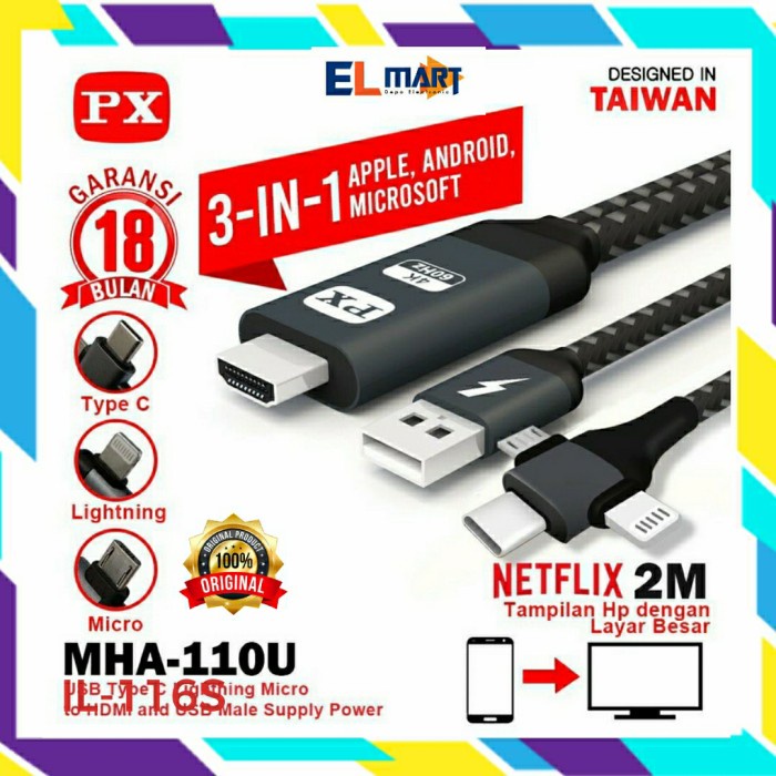 PX Kabel HDMI to Micro USB Type C Lightning ke TV PX MHA 110U 3in1 Pan