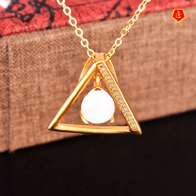 [Ready Stock]Hotian Jade Pendant S925 Silver Triangle Gold Necklace Elegant Graceful