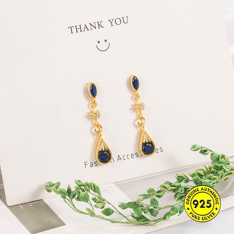 Anting Tusuk Lapis Emas 18K Hias Berlian Biru Gaya Vintage Untuk Wanita