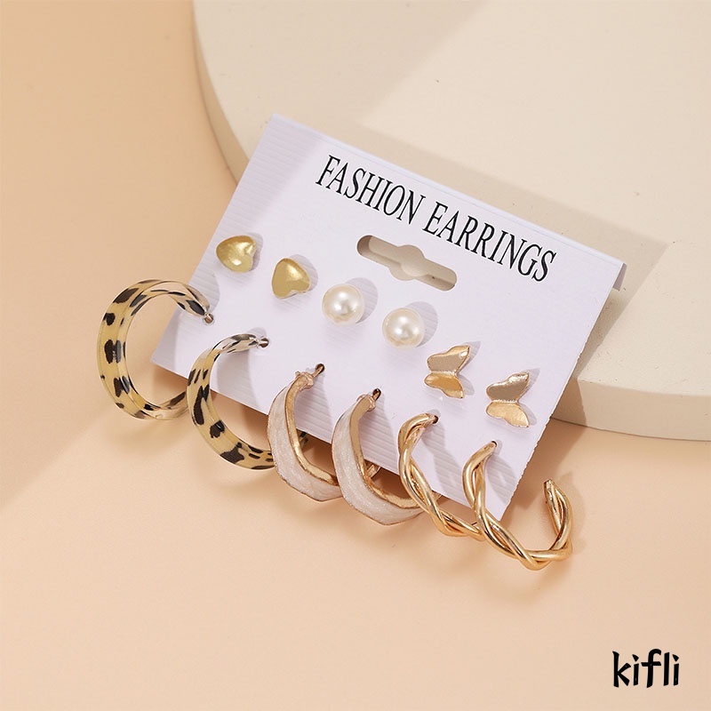 6 Pair/set Fashion Pearl Anting,Leopard Print Bentuk Bulat Anting-Anting,Pantai Perhiasan,Aksesoris Wanita