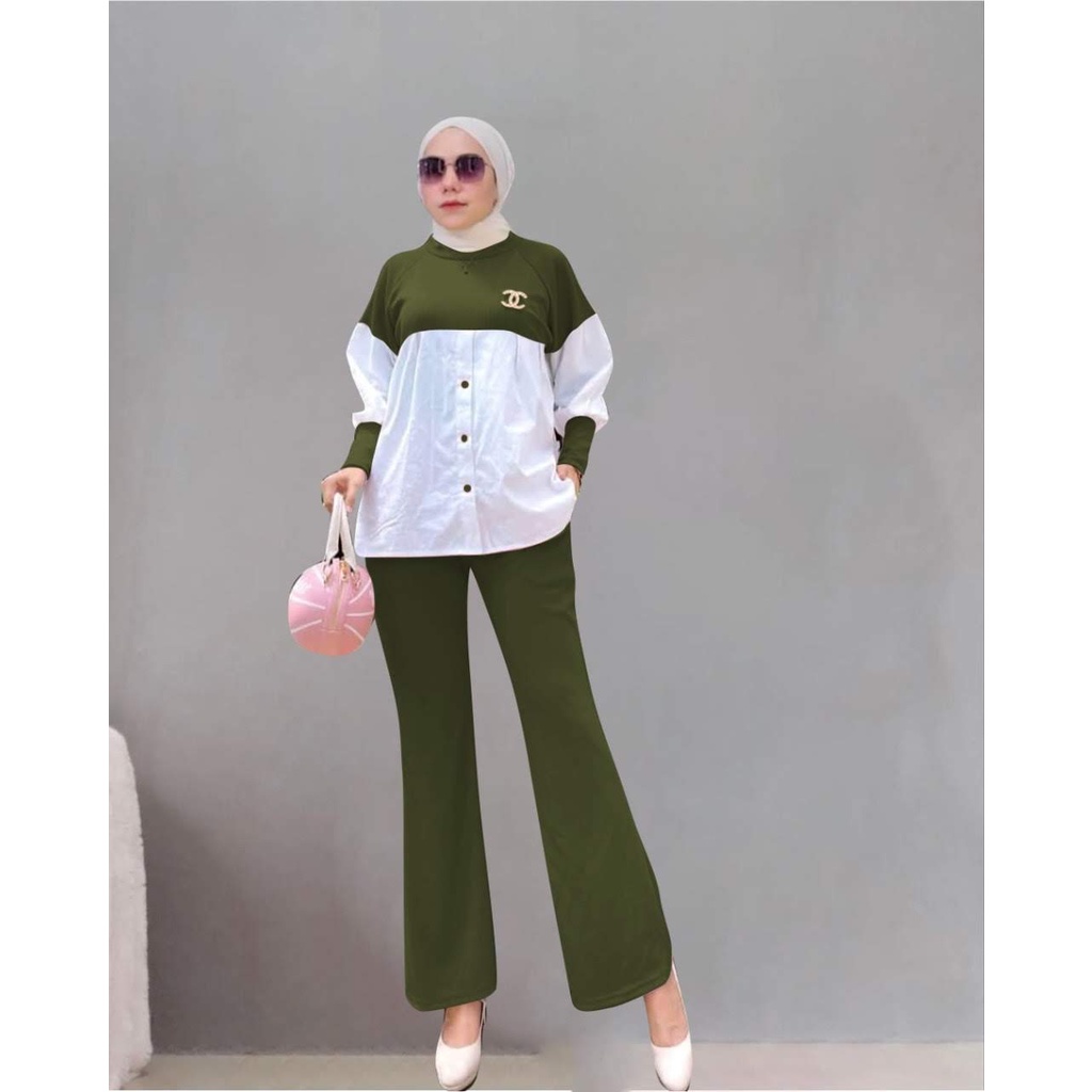 ELDE 12 - SET KNIT ISYANA ( L - XL - XXL ) BAHAN KNIT MANGO IMPORT KOMBI CREPE LD 104CM PJG 66CM BAWAH ADA KANCING VARIASI + CELANA PINGGANG KARET LP MAX 98CM PJG 87CM ADA SAKU KANAN DAN KIRI