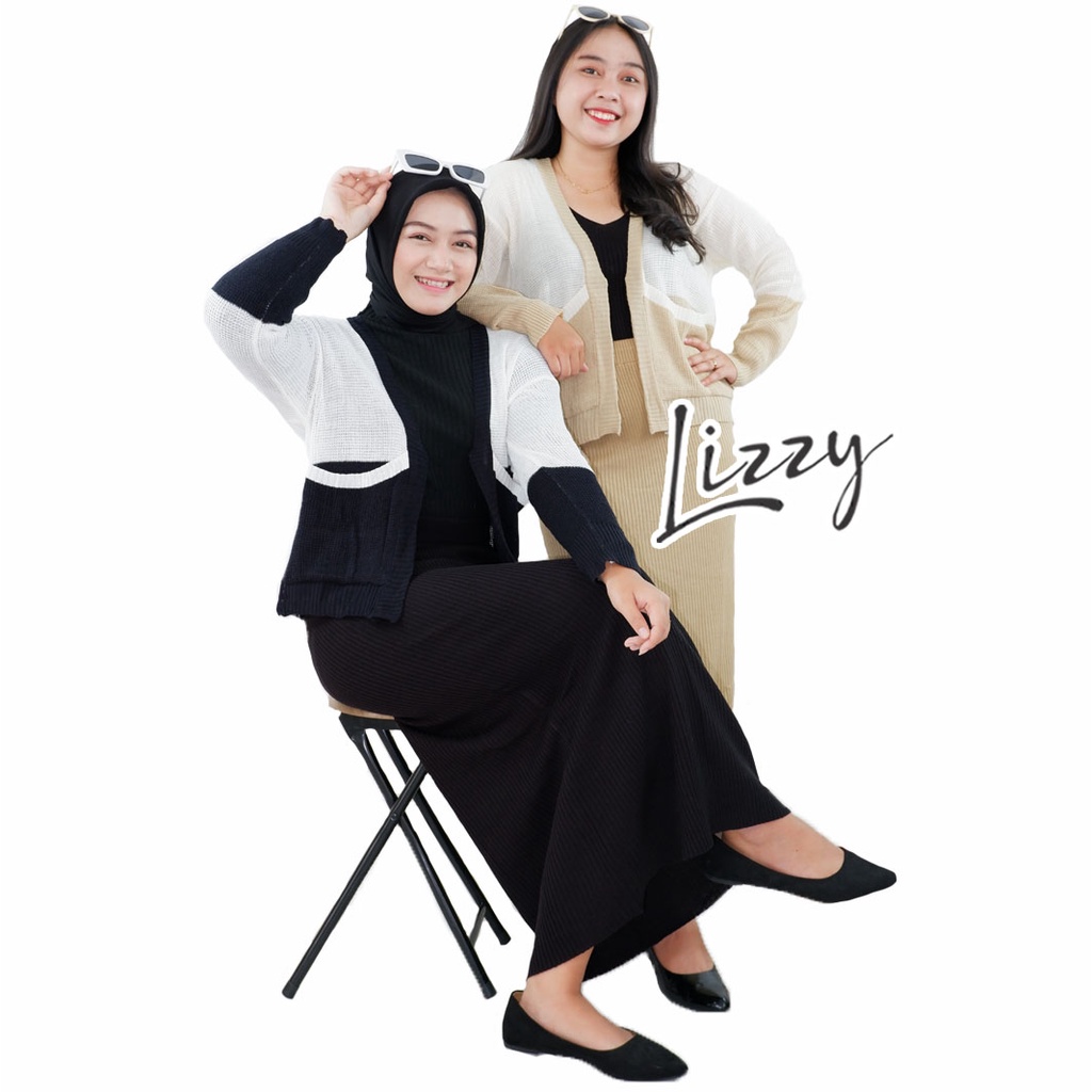 Lizzy - ONE SET RAJUT TWO TONE CARDIGAN DAN ROK KNIT PREMIUM