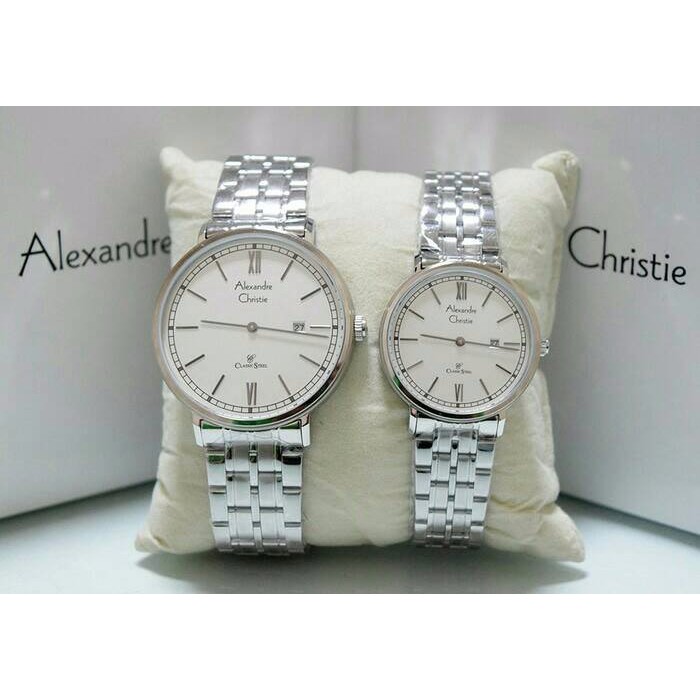 Jam Couple AC Alexandre CHristie 8509 Silver Plat Hitam Original F-14