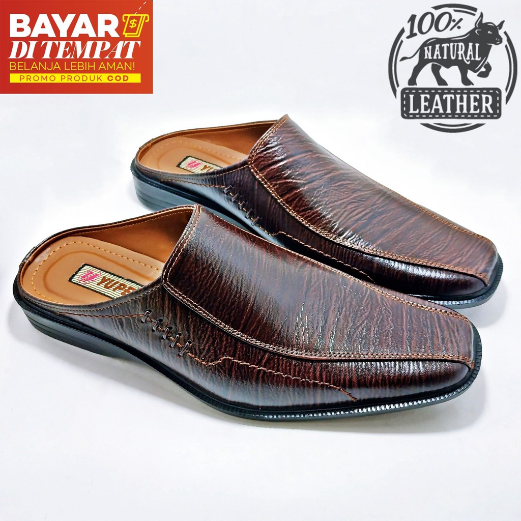 Sepatu Sandal Slop Pria 100% Kulit Sapi Asli Tekstur Serat Kayu Bustong Ready Size Jumbo 44 45 46