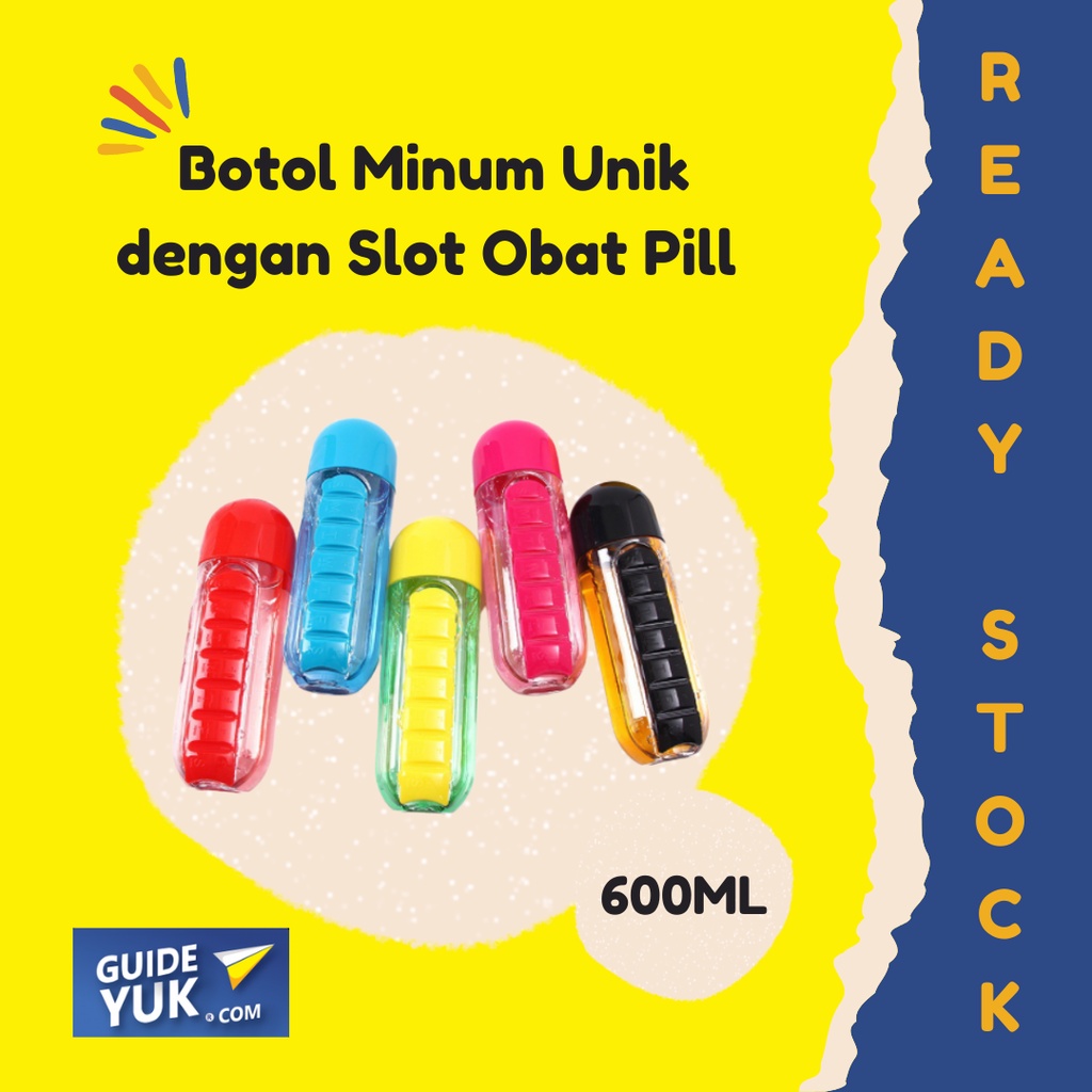 Botol Minum Unik dengan Slot Obat Pill &amp; Vitamin Organizer 600ML [READY STOCK]