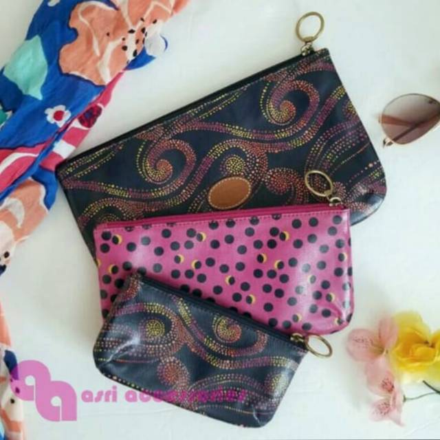 Preloved Fossil KeyPer Three Set Cosmetic Pouch Case Navy Dompet Kosmetik