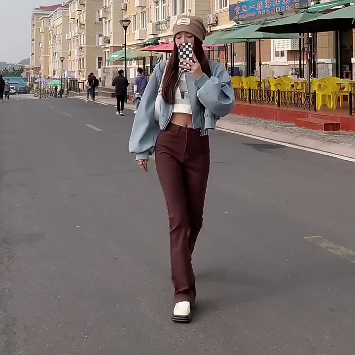 Coklat Korean Style Highwaist Cutbray Celana Jeans Panjang Wanita