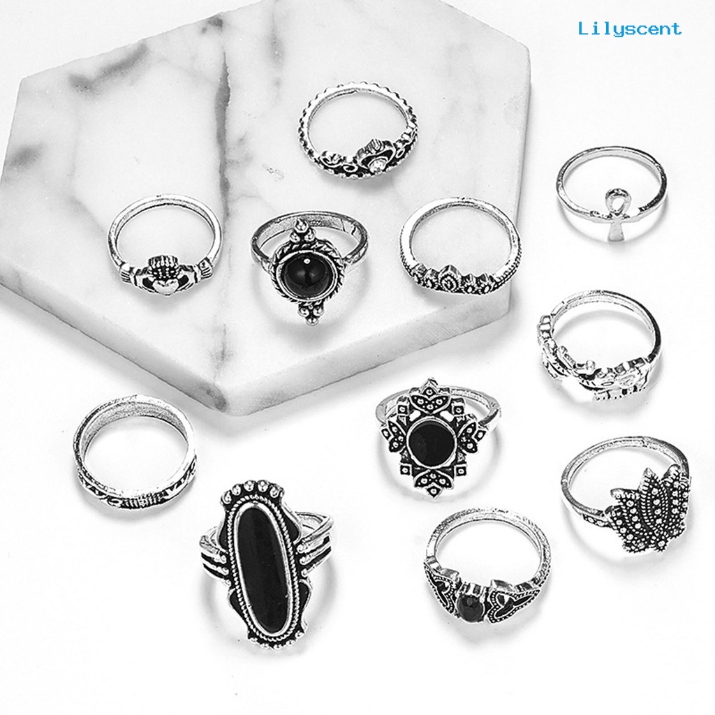 11pcs / set Cincin Knuckle Bentuk Hati Bahan Alloy Aksen Permata Imitasi Warna Hitam Gaya Bohemia