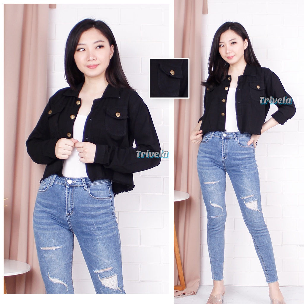 Jaket Jeans Crop Hitam Pekat / Jaket Jeans Pocket Rawis Hitam L / XL / XXL