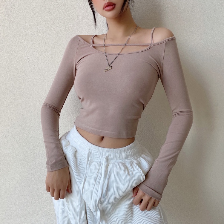 【LIVIAHOME】Original Design Twist Front Boat Neck Off-Shoulder Crop Tee 7293 (S-L)