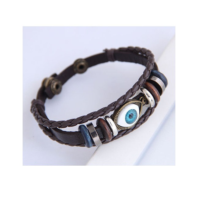 LRC Gelang Tangan Fashion Brown Pu Leather Alloy Eye Multi-layer Bracelet A60499